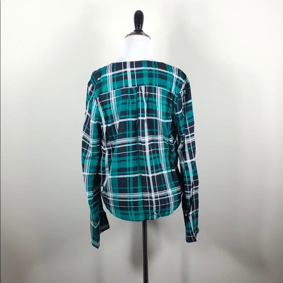 Plaid Surplice Top Bell Sleeve Green Blouse - Picture 5 of 5